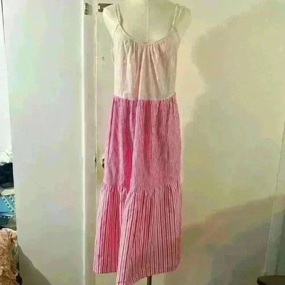 Free Assembly Cotton Pink Striped Tiered Double Strap Maxi Sundress Size S - Picture 1 of 9